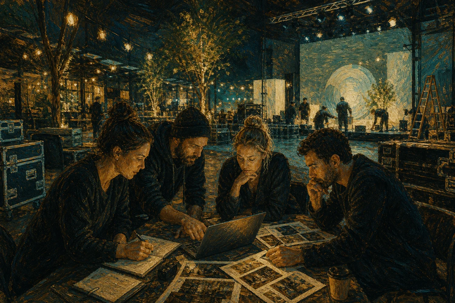 Experiential production team reviewing work together onsite