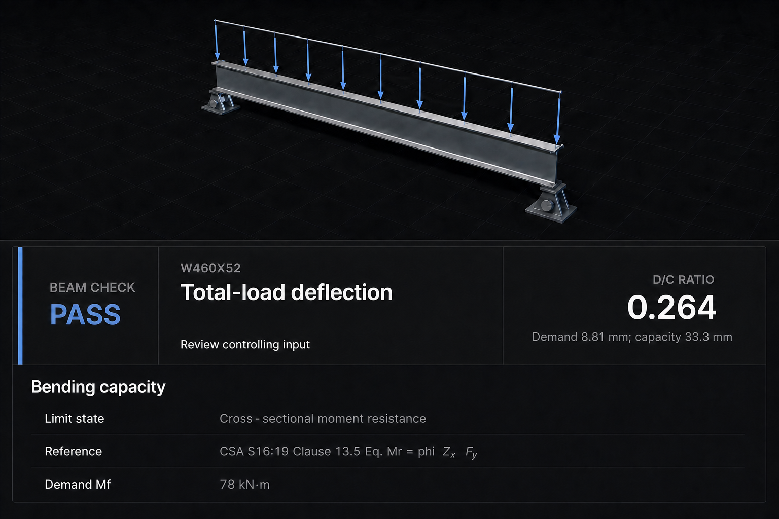 Passing CSA S16:19 beam calculation with the governing Clause 13.5 check visible in Beams