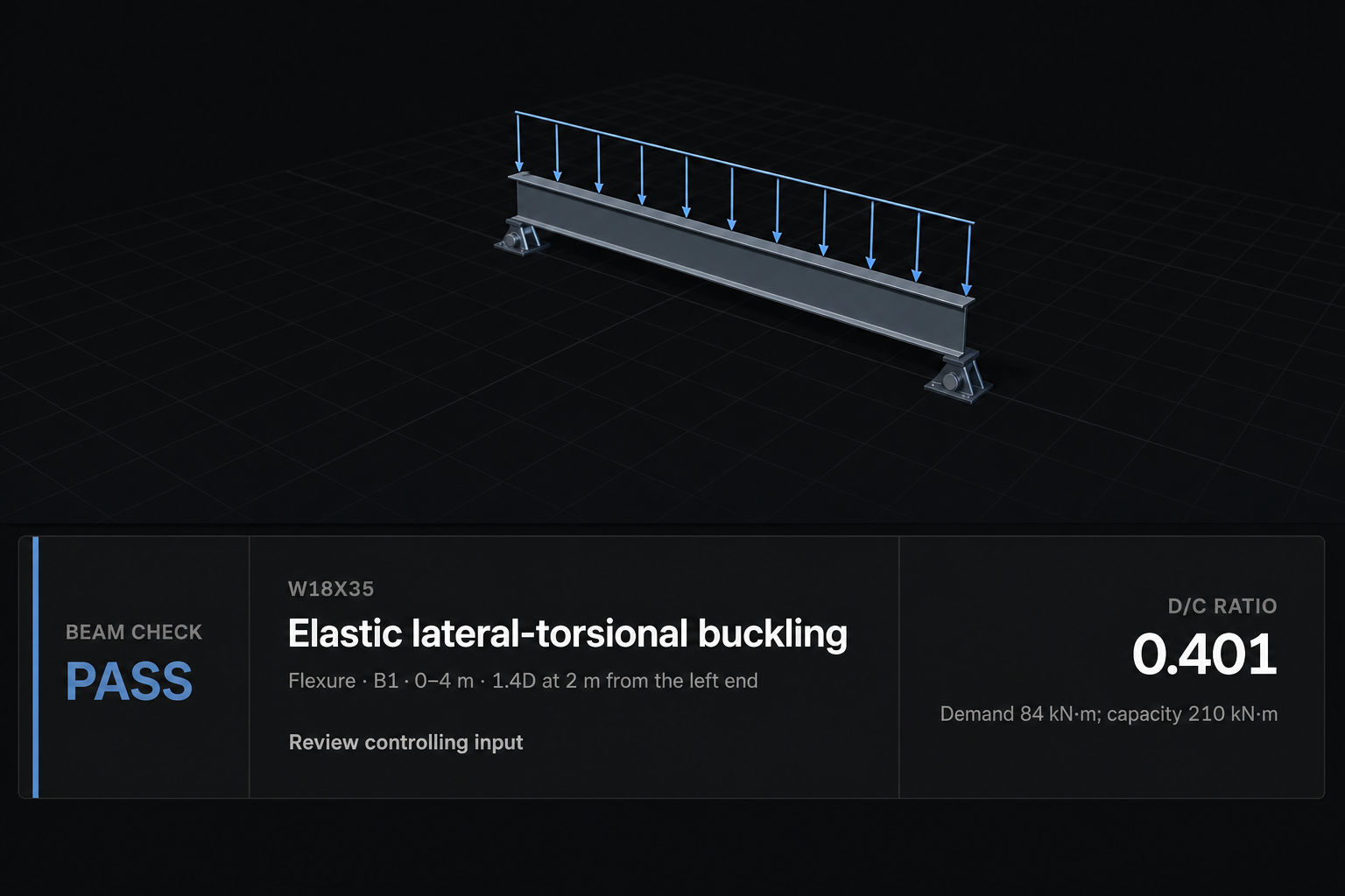 Beams analysis results with governing demand, capacity, and diagnostic ratios