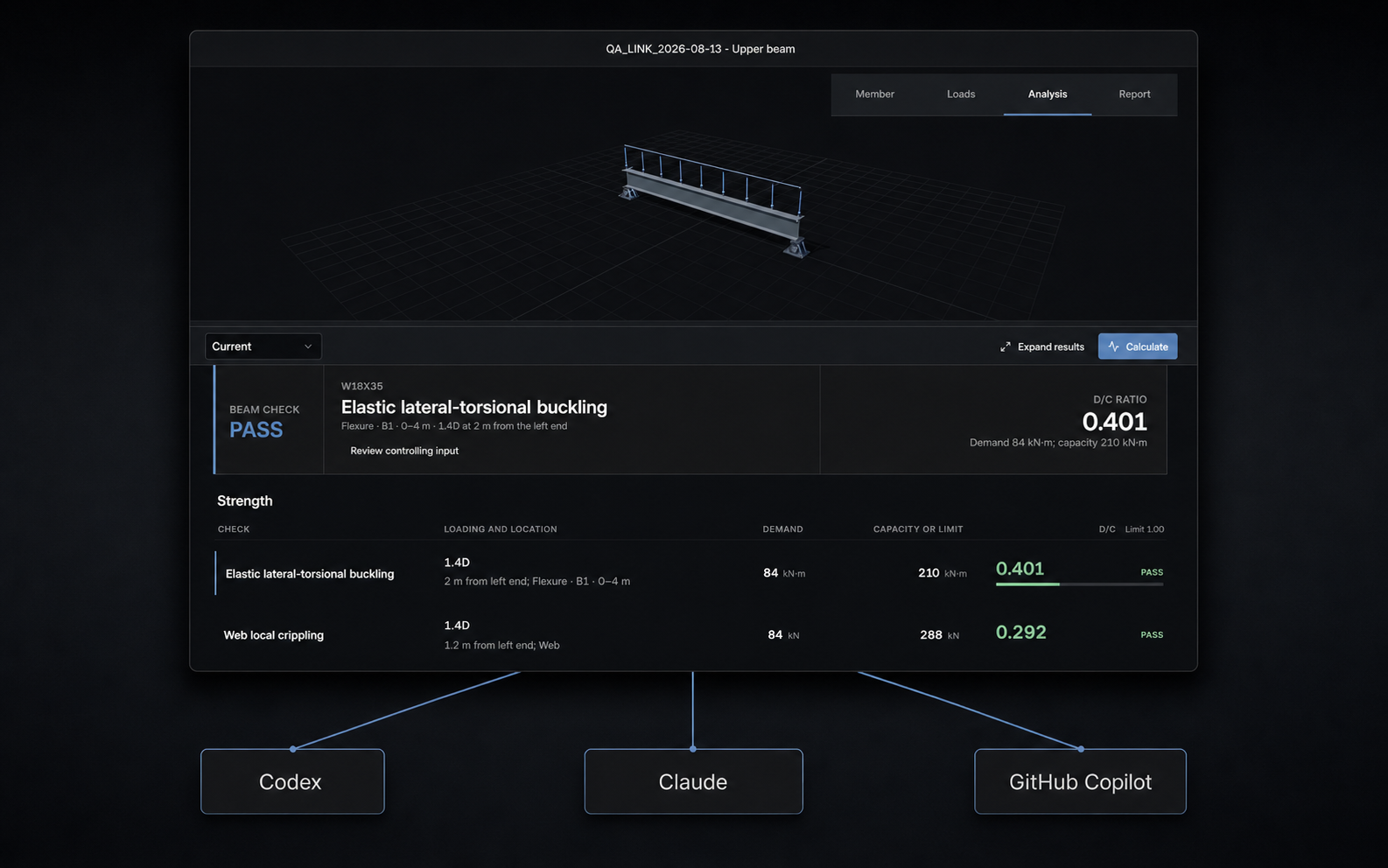 Codex, Claude, and GitHub Copilot connected to one deterministic Beams calculation record
