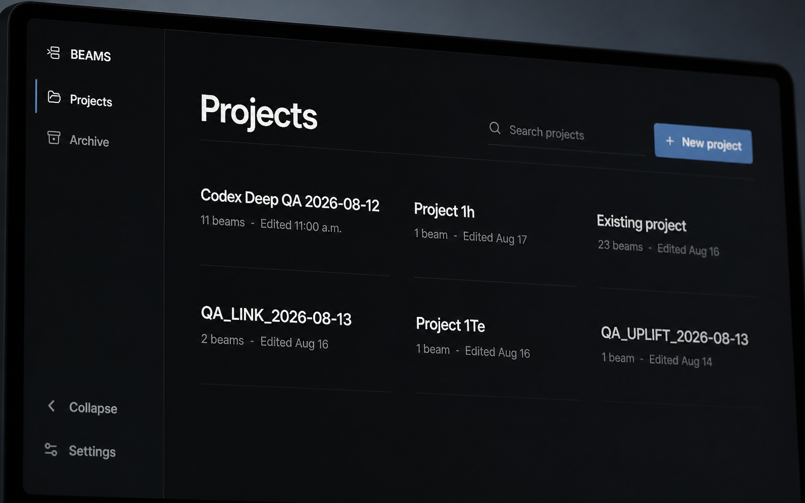 Beams project workspace organizing multiple structural projects