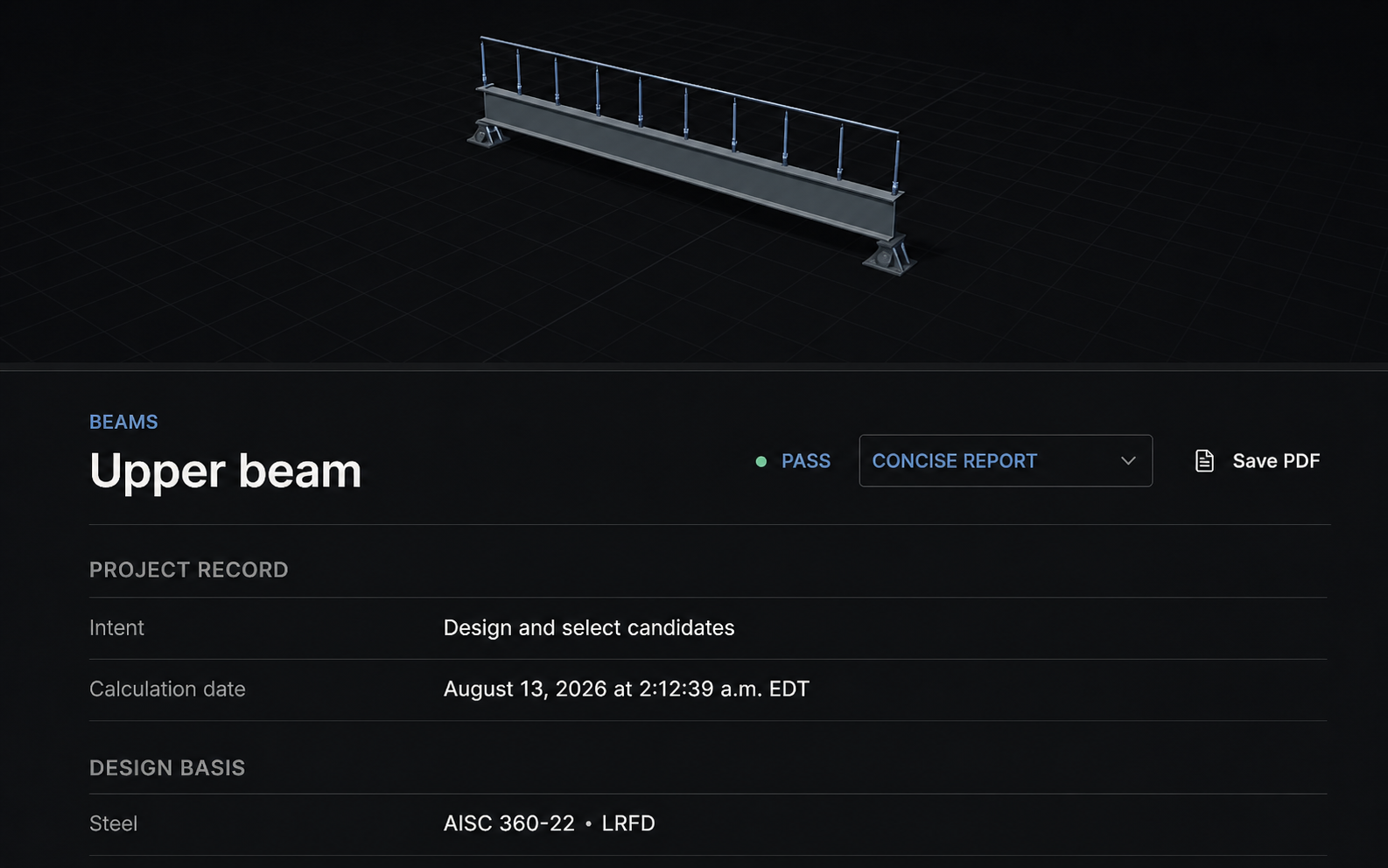 Beams calculation report showing a passing immutable engineering record