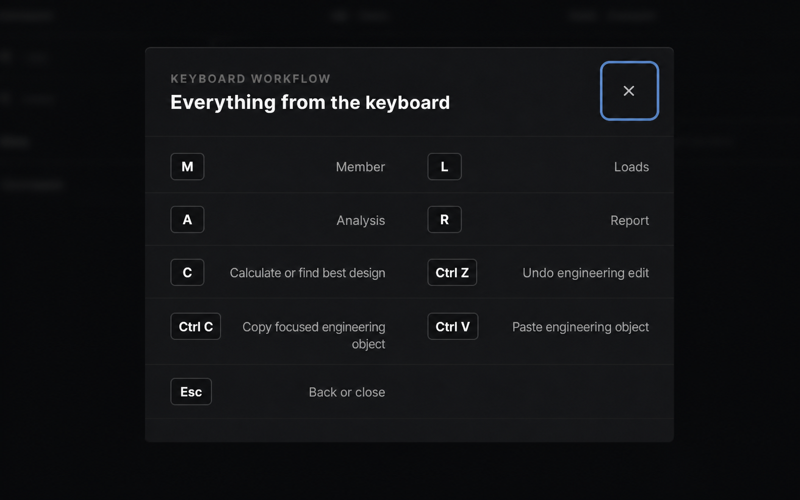 Beams keyboard workflow showing navigation and editing shortcuts
