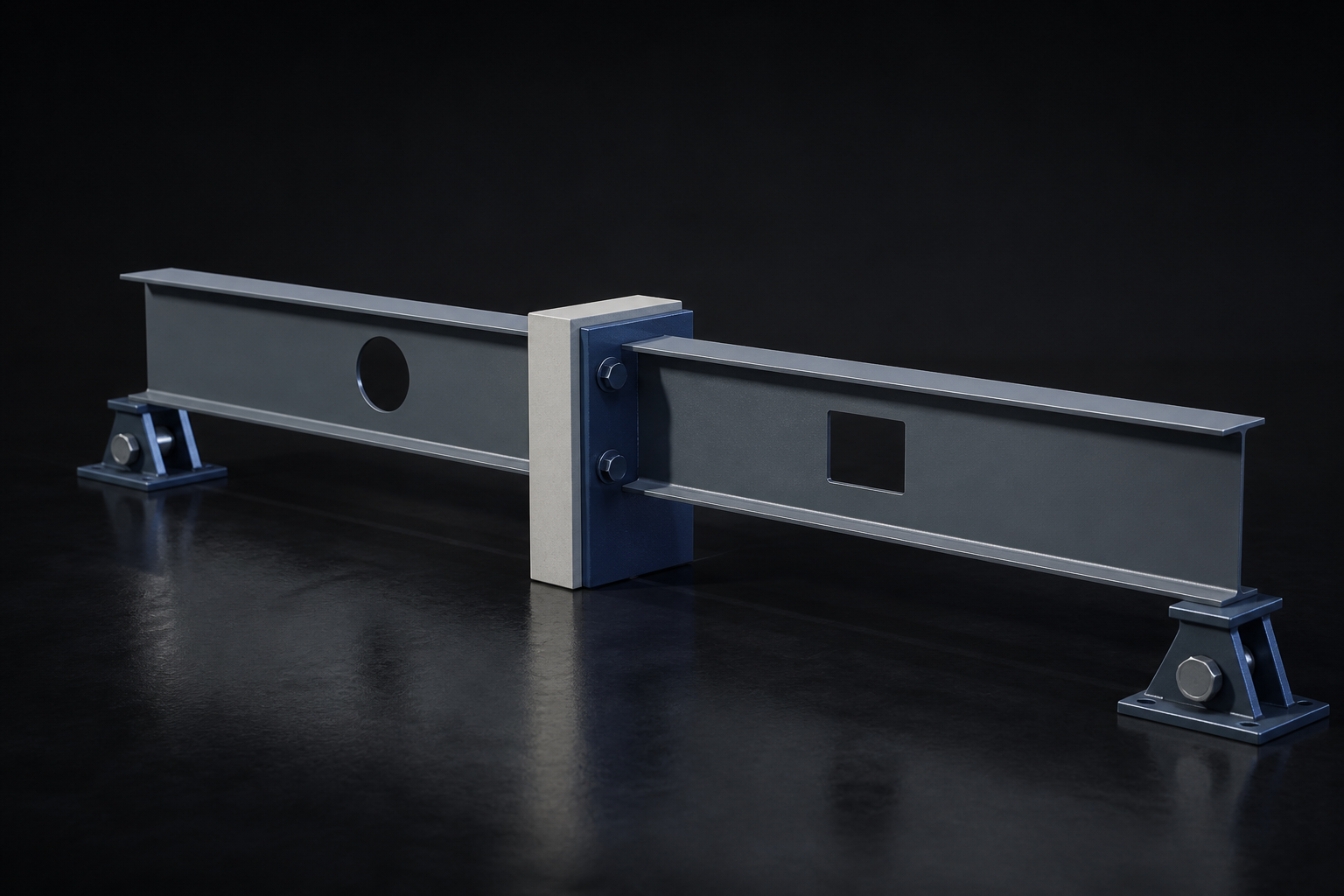 Close product view of two beam segments meeting at a restrained location
