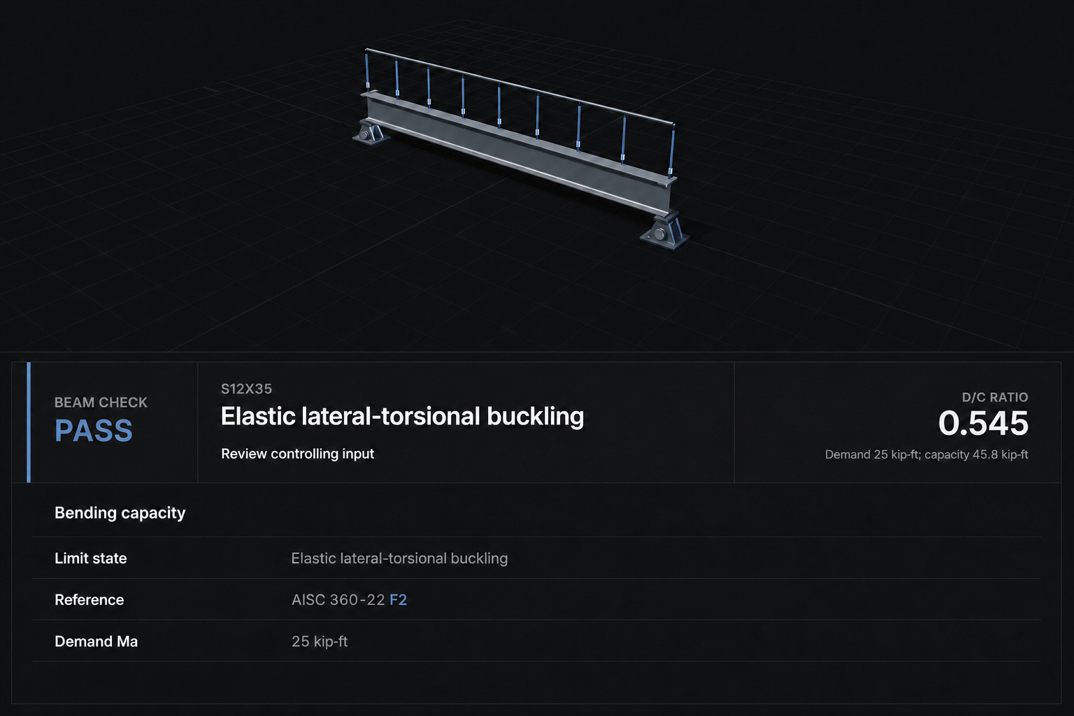 AISC beam check results with the governing design ratio visible